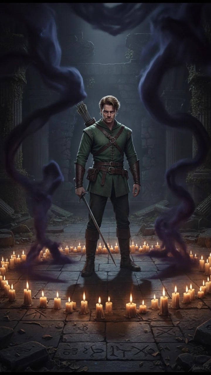 standing in a circle of candles during a strange ritual, dark magic energy filling the air