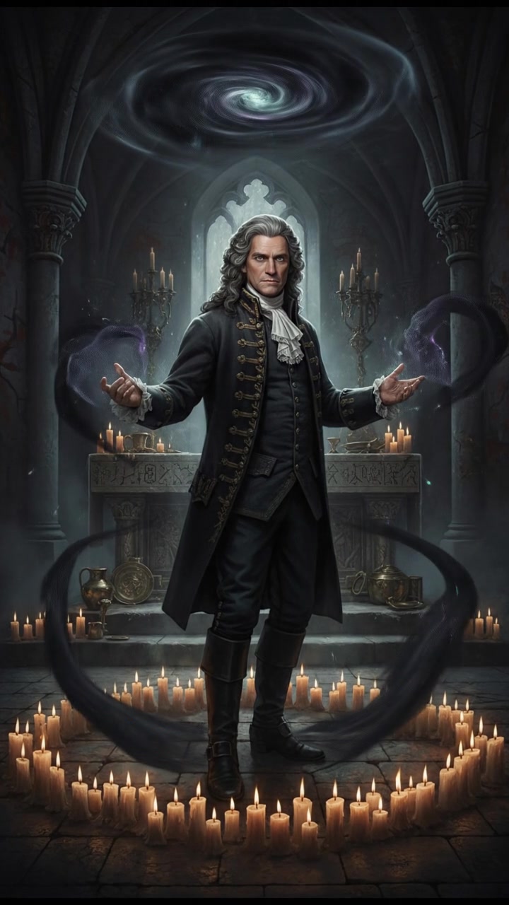 standing in a circle of candles during a strange ritual, dark magic energy filling the air