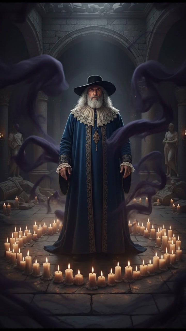 standing in a circle of candles during a strange ritual, dark magic energy filling the air