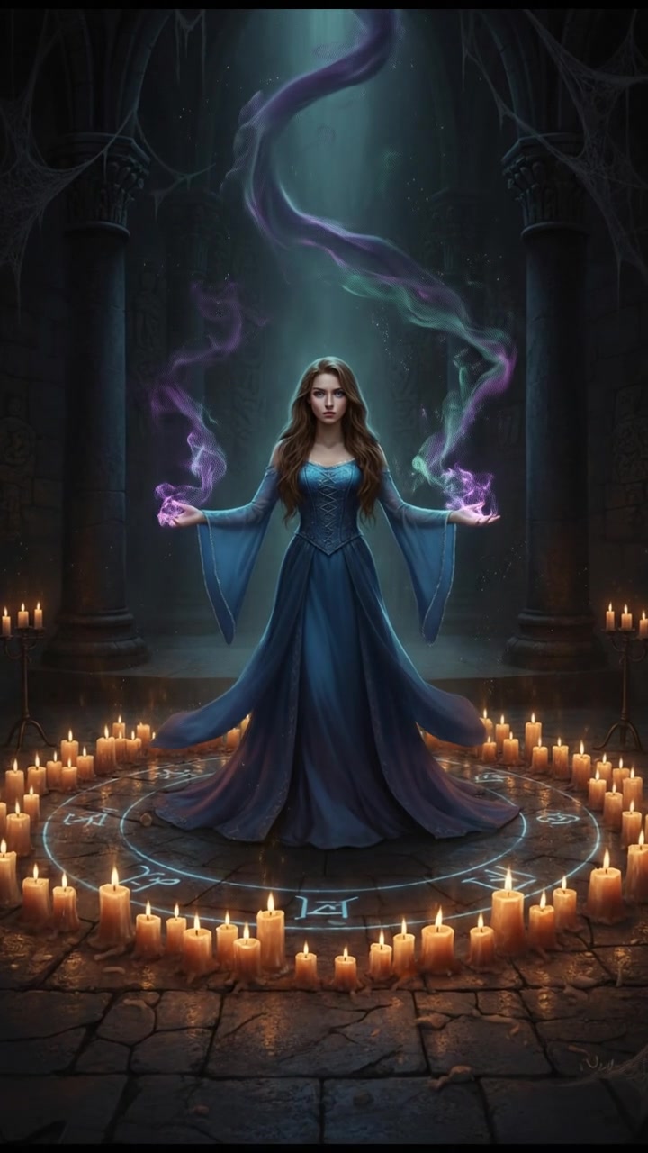 standing in a circle of candles during a strange ritual, dark magic energy filling the air