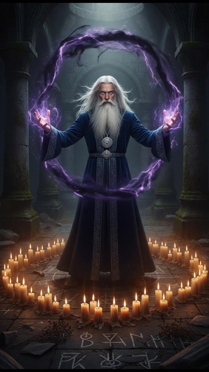 standing in a circle of candles during a strange ritual, dark magic energy filling the air