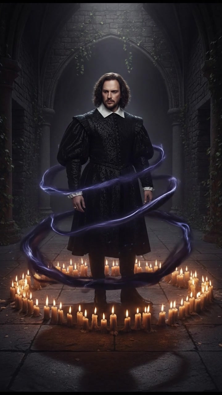 standing in a circle of candles during a strange ritual, dark magic energy filling the air
