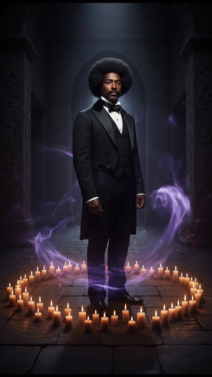 standing in a circle of candles during a strange ritual, dark magic energy filling the air