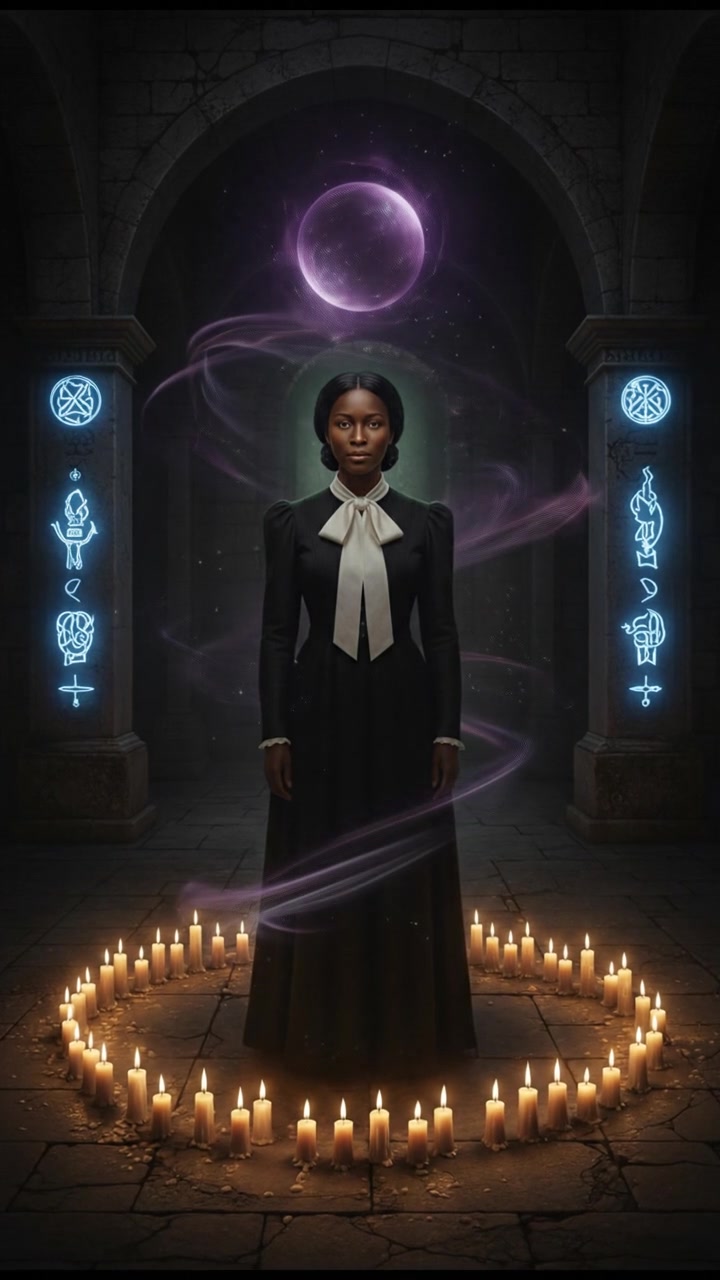 standing in a circle of candles during a strange ritual, dark magic energy filling the air