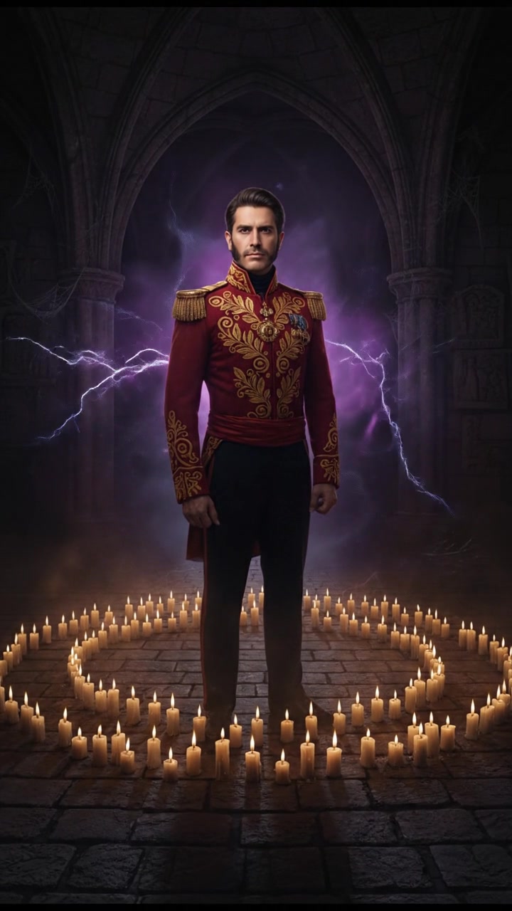 standing in a circle of candles during a strange ritual, dark magic energy filling the air