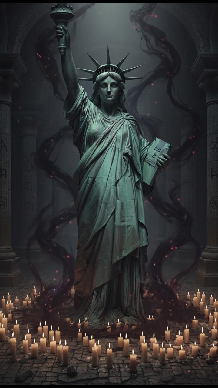 standing in a circle of candles during a strange ritual, dark magic energy filling the air