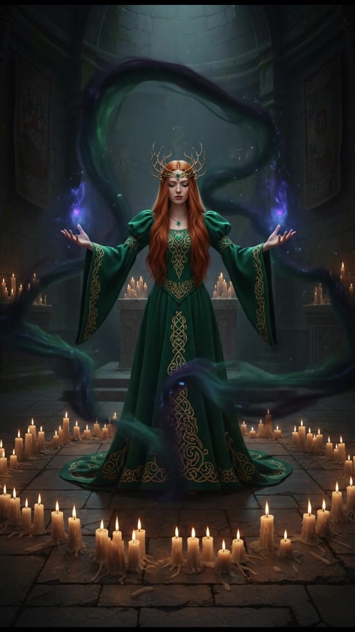 standing in a circle of candles during a strange ritual, dark magic energy filling the air