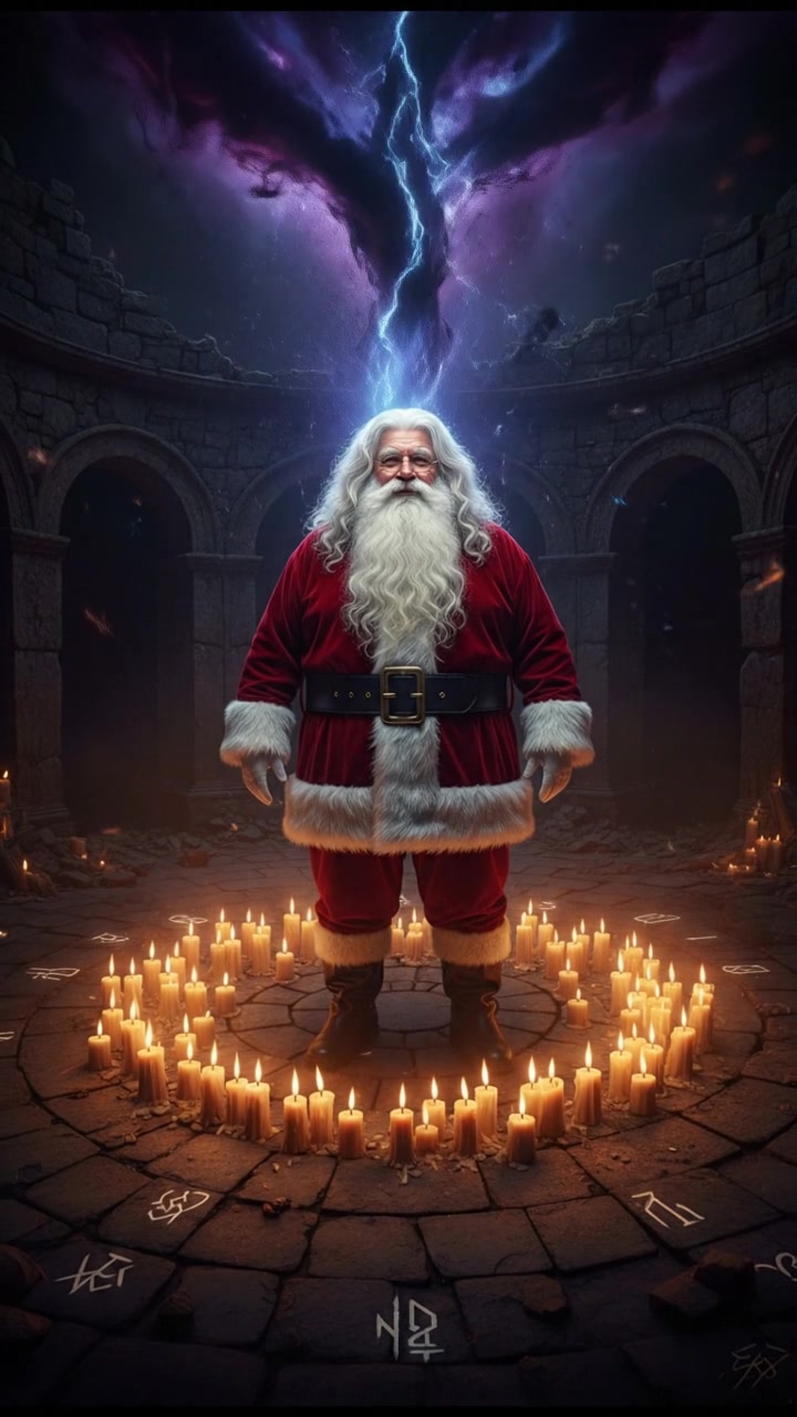 standing in a circle of candles during a strange ritual, dark magic energy filling the air