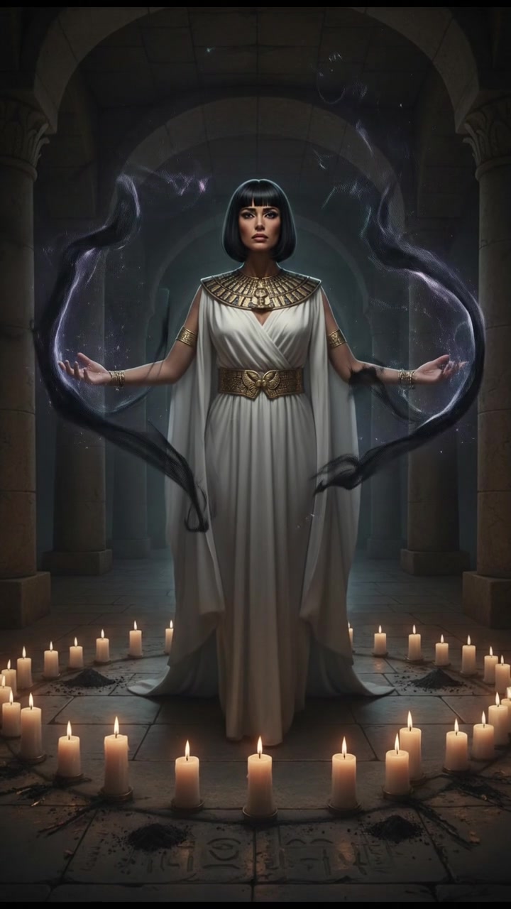 standing in a circle of candles during a strange ritual, dark magic energy filling the air