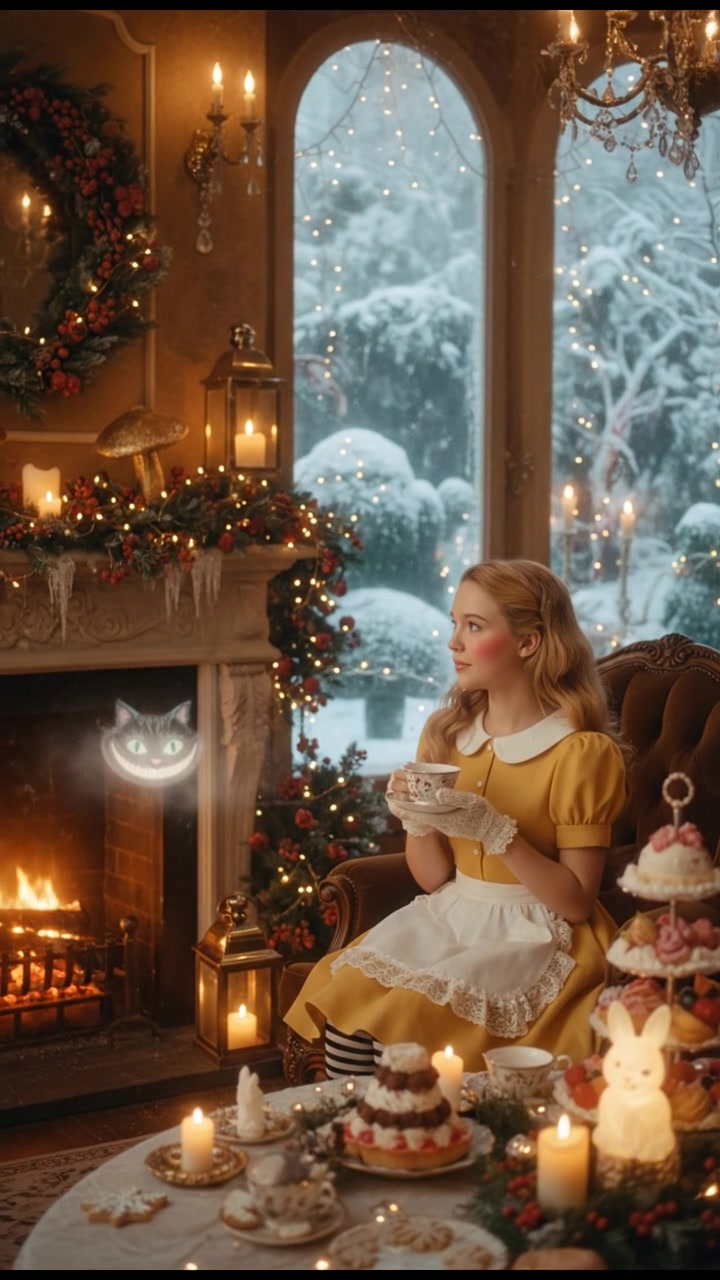 cozy interior or snowy exterior, warm light, seasonal decor. The scene takes place in a location that naturally fits the character’s historical era, mythology, or world, blending their iconic look with the action in a seamless, cinematic way.