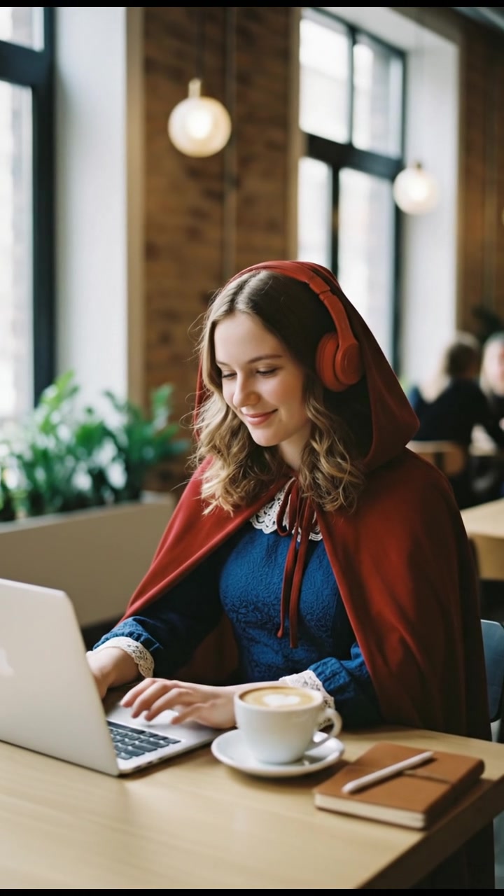 sitting in a modern café with headphones on, typing on a laptop, latte nearby