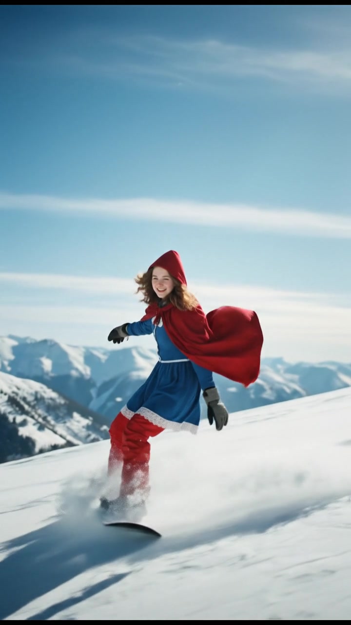 snowboarding down a mountain slope, winter gear, bright snow and blue sky