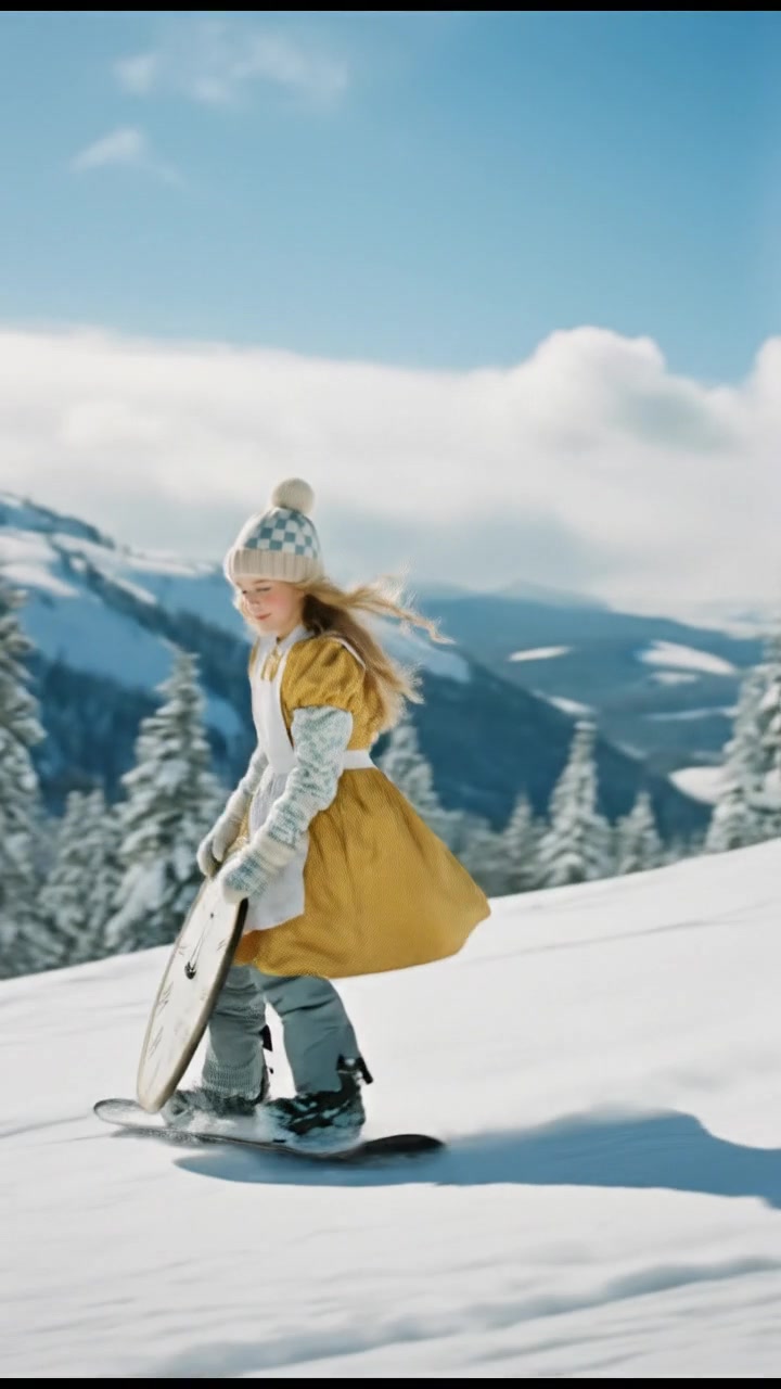 snowboarding down a mountain slope, winter gear, bright snow and blue sky