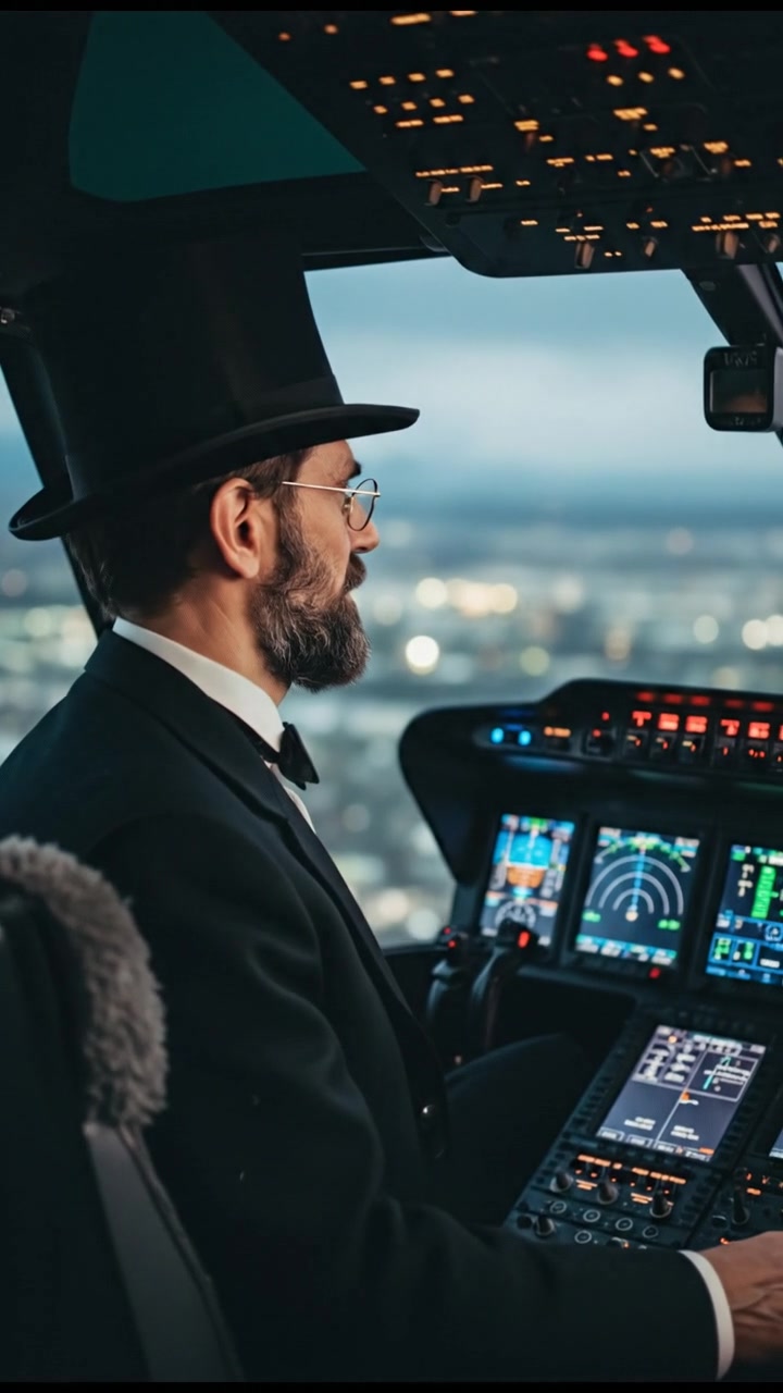 piloting a helicopter or jet, focused gaze, cockpit lights reflecting on face