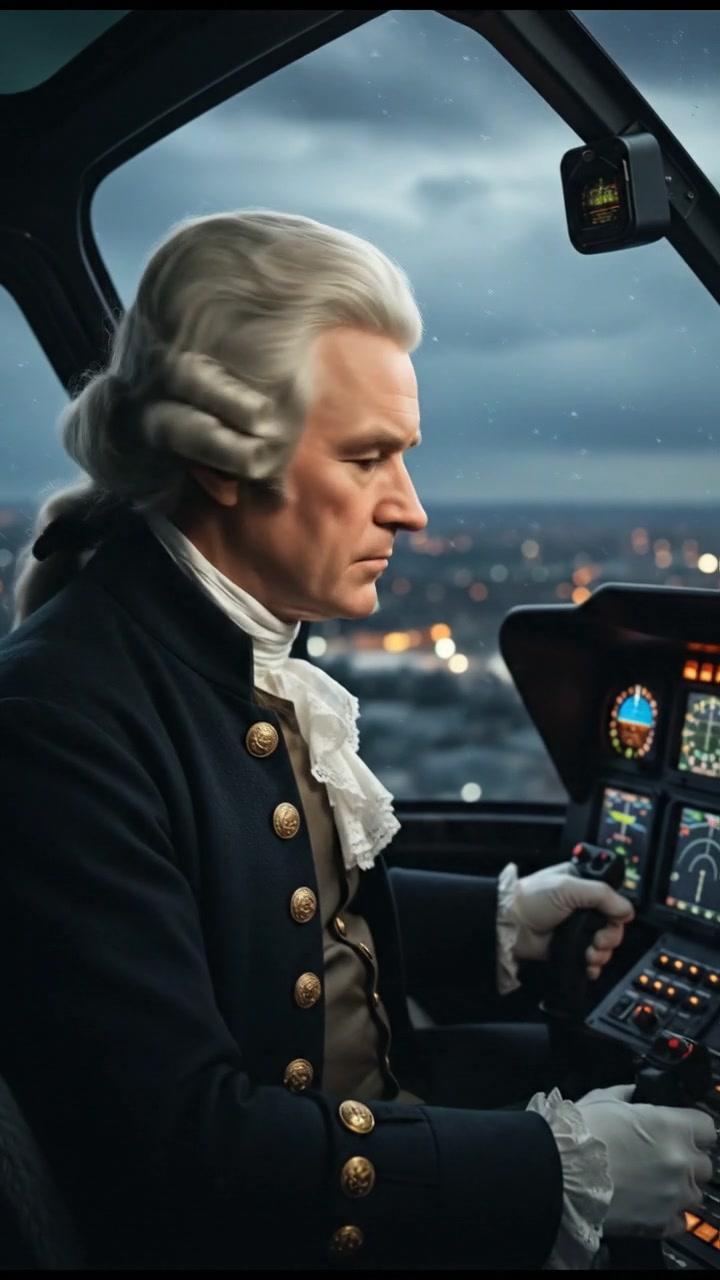 piloting a helicopter or jet, focused gaze, cockpit lights reflecting on face