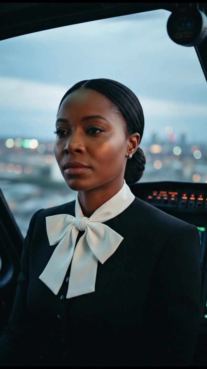 piloting a helicopter or jet, focused gaze, cockpit lights reflecting on face