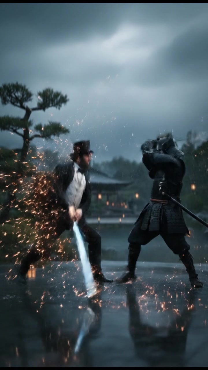 engaging in a sword or martial arts fight, sparks and motion trails in the air