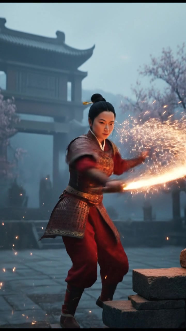 engaging in a sword or martial arts fight, sparks and motion trails in the air