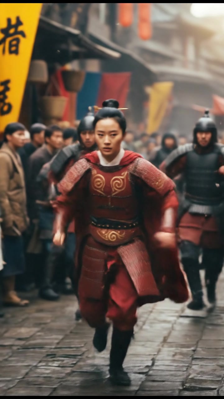 escaping through a crowded marketplace, intense pursuit scene with motion blur