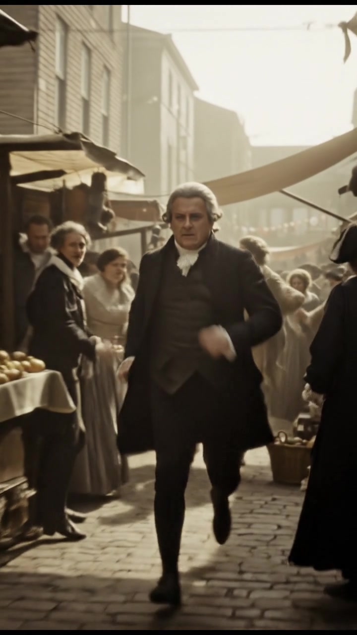 escaping through a crowded marketplace, intense pursuit scene with motion blur