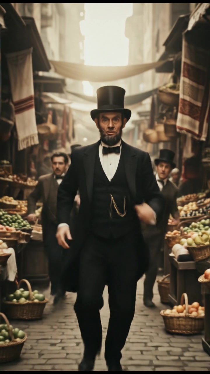 escaping through a crowded marketplace, intense pursuit scene with motion blur