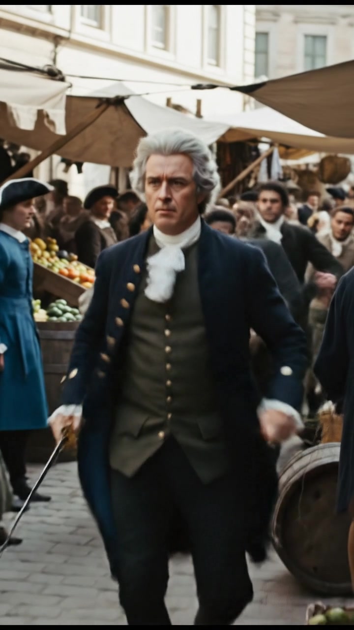 escaping through a crowded marketplace, intense pursuit scene with motion blur