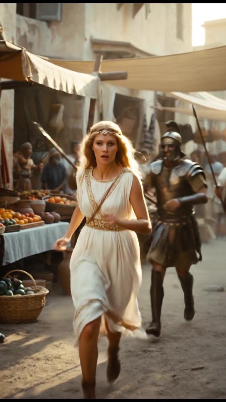 escaping through a crowded marketplace, intense pursuit scene with motion blur