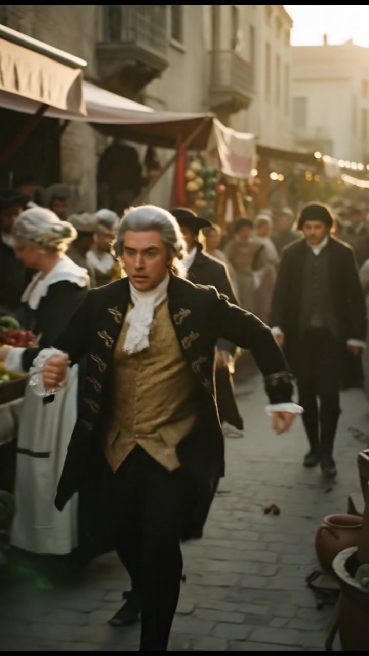 escaping through a crowded marketplace, intense pursuit scene with motion blur