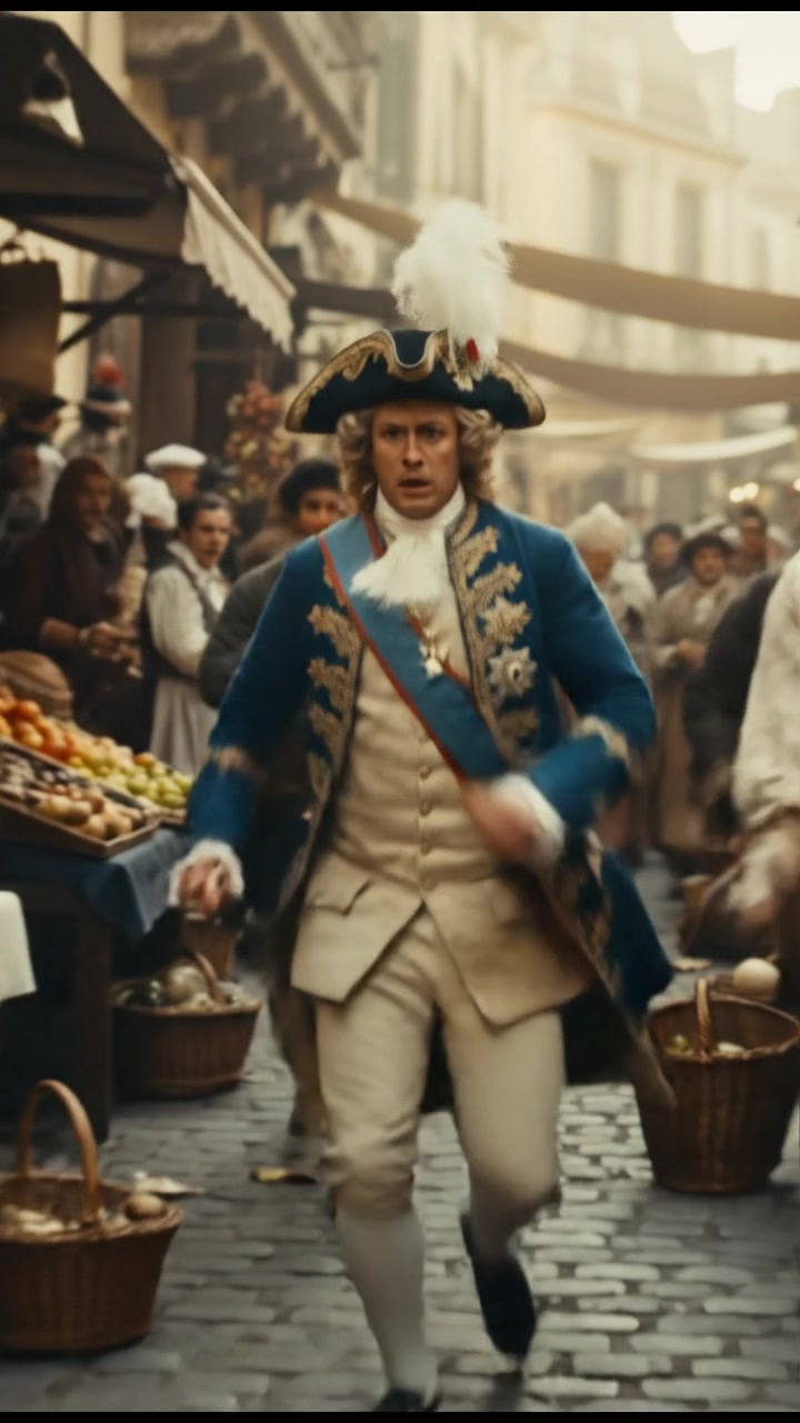 escaping through a crowded marketplace, intense pursuit scene with motion blur