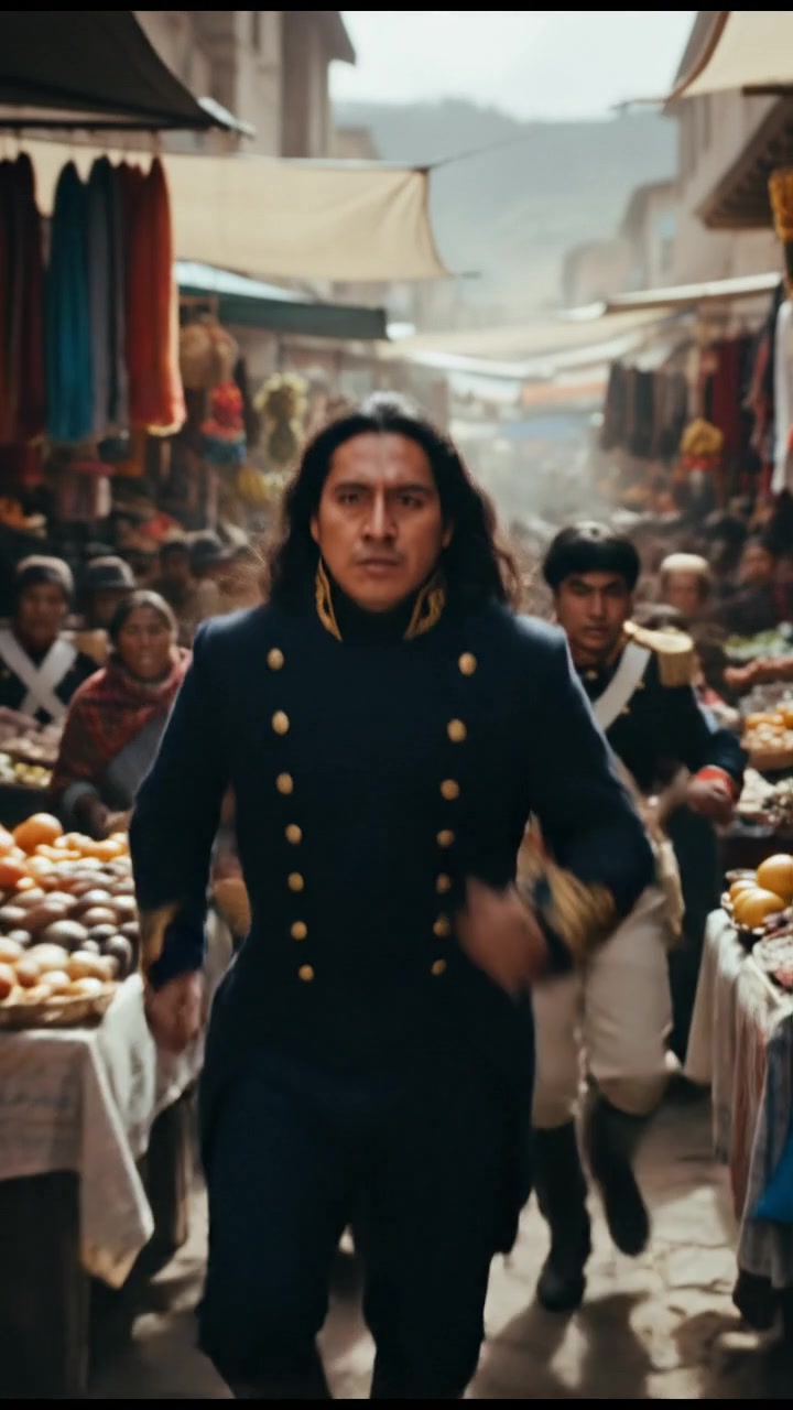 escaping through a crowded marketplace, intense pursuit scene with motion blur