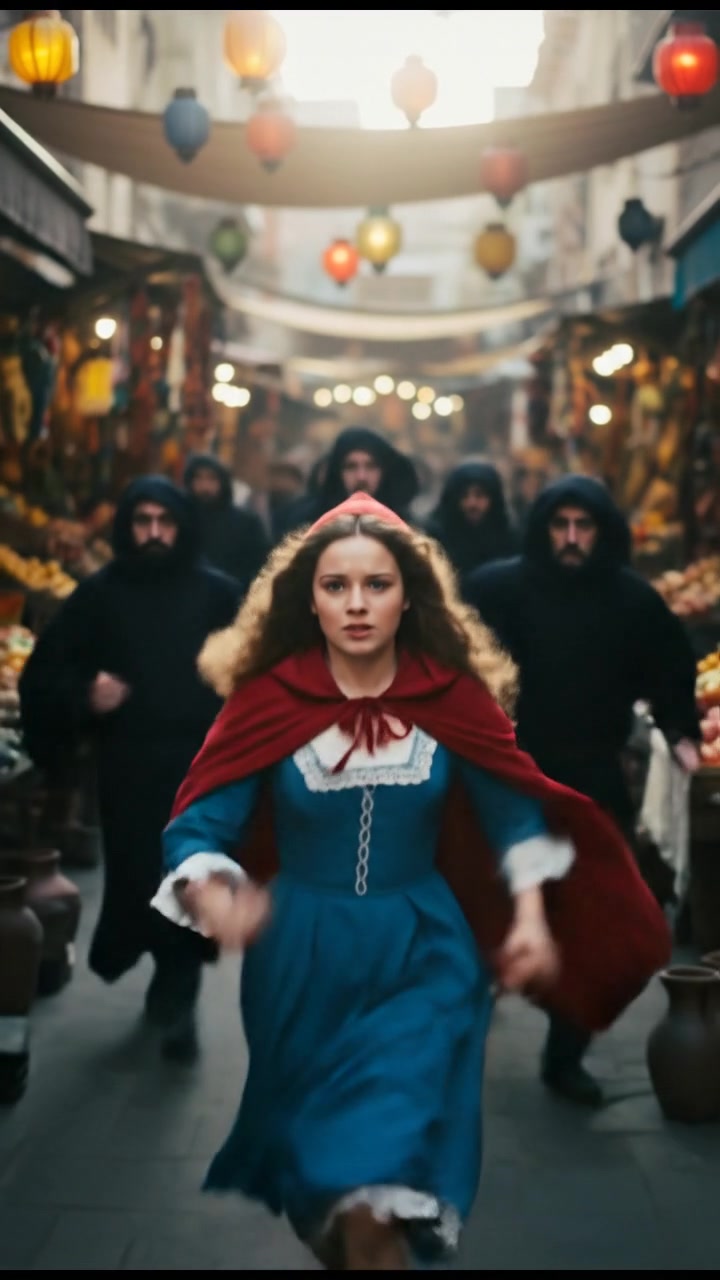 escaping through a crowded marketplace, intense pursuit scene with motion blur