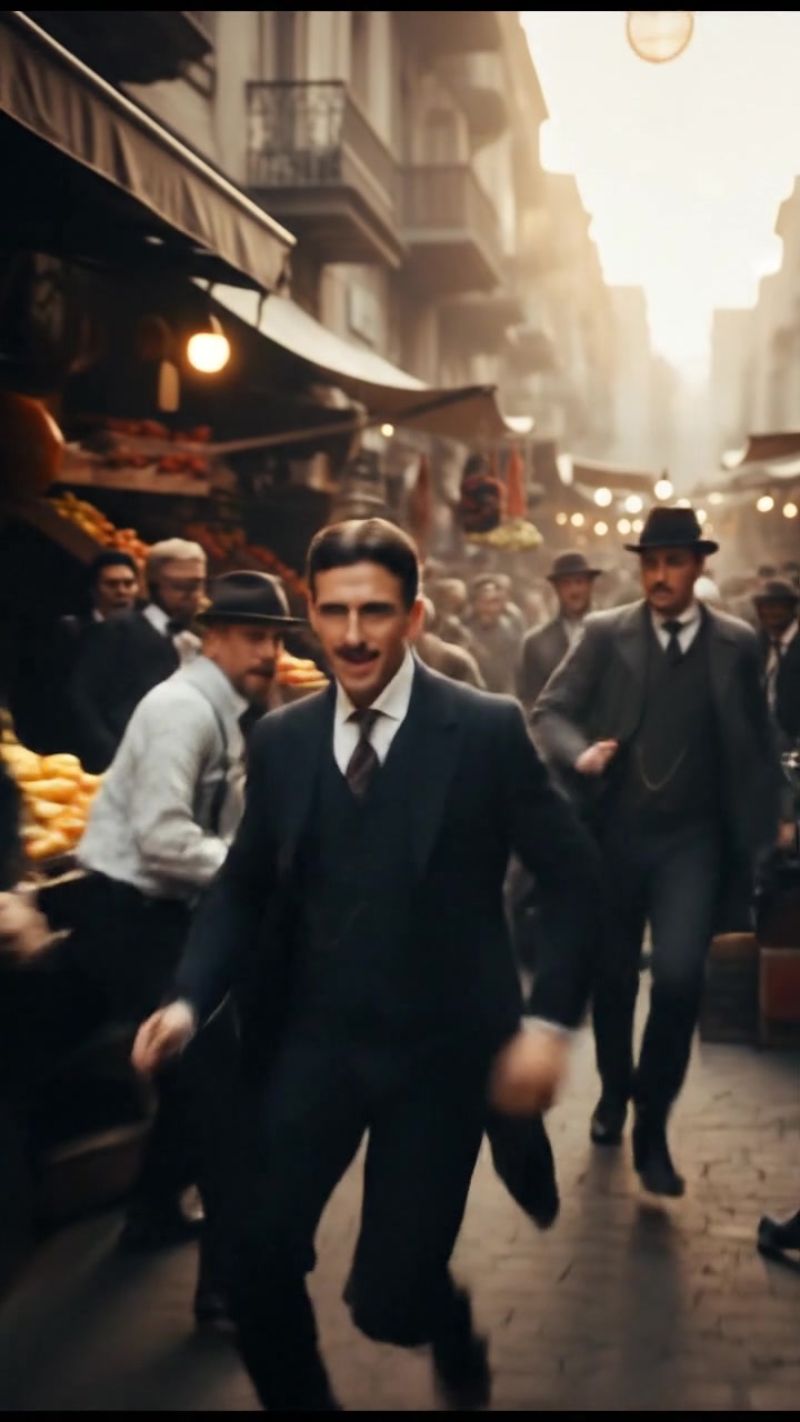 escaping through a crowded marketplace, intense pursuit scene with motion blur