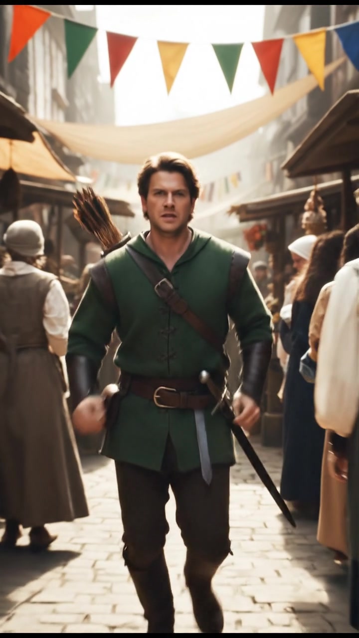 escaping through a crowded marketplace, intense pursuit scene with motion blur