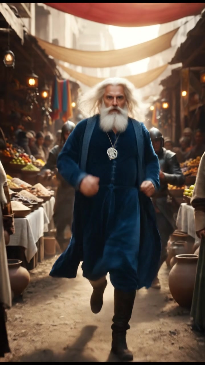 escaping through a crowded marketplace, intense pursuit scene with motion blur