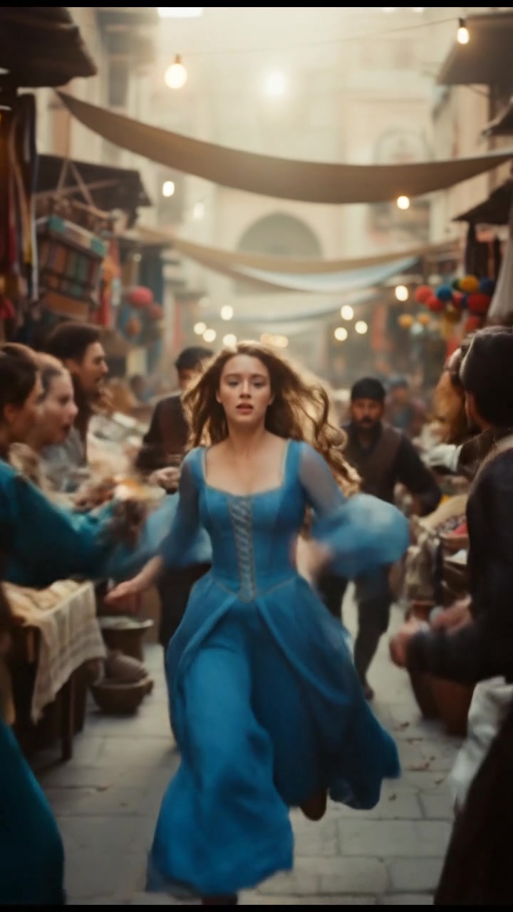 escaping through a crowded marketplace, intense pursuit scene with motion blur