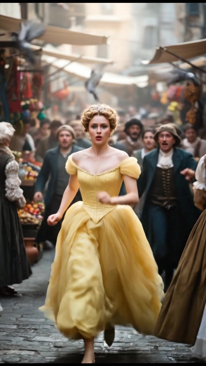 escaping through a crowded marketplace, intense pursuit scene with motion blur