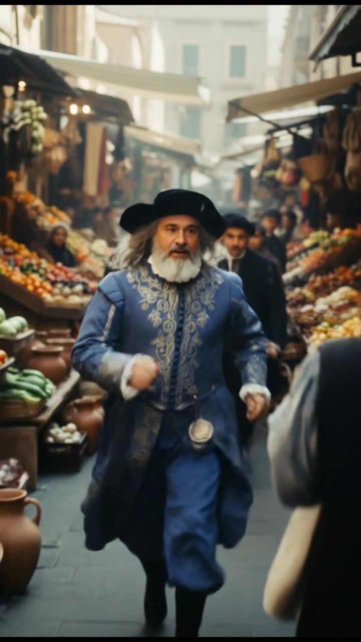 escaping through a crowded marketplace, intense pursuit scene with motion blur