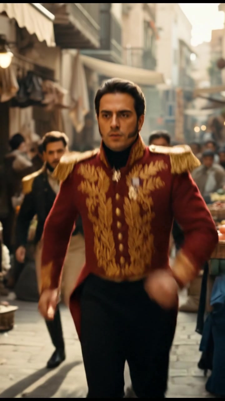 escaping through a crowded marketplace, intense pursuit scene with motion blur