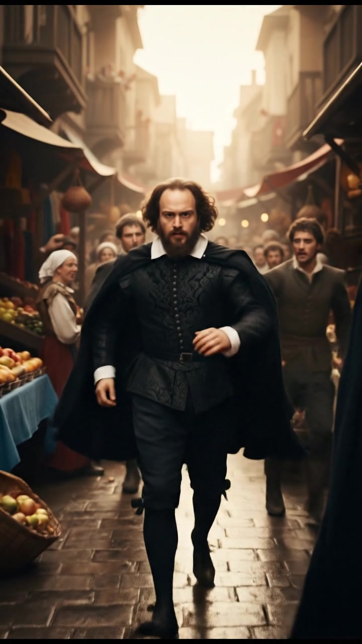 escaping through a crowded marketplace, intense pursuit scene with motion blur