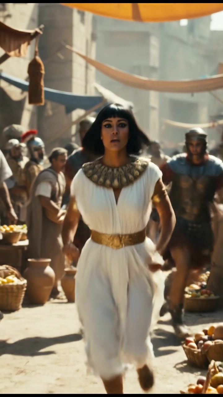 escaping through a crowded marketplace, intense pursuit scene with motion blur