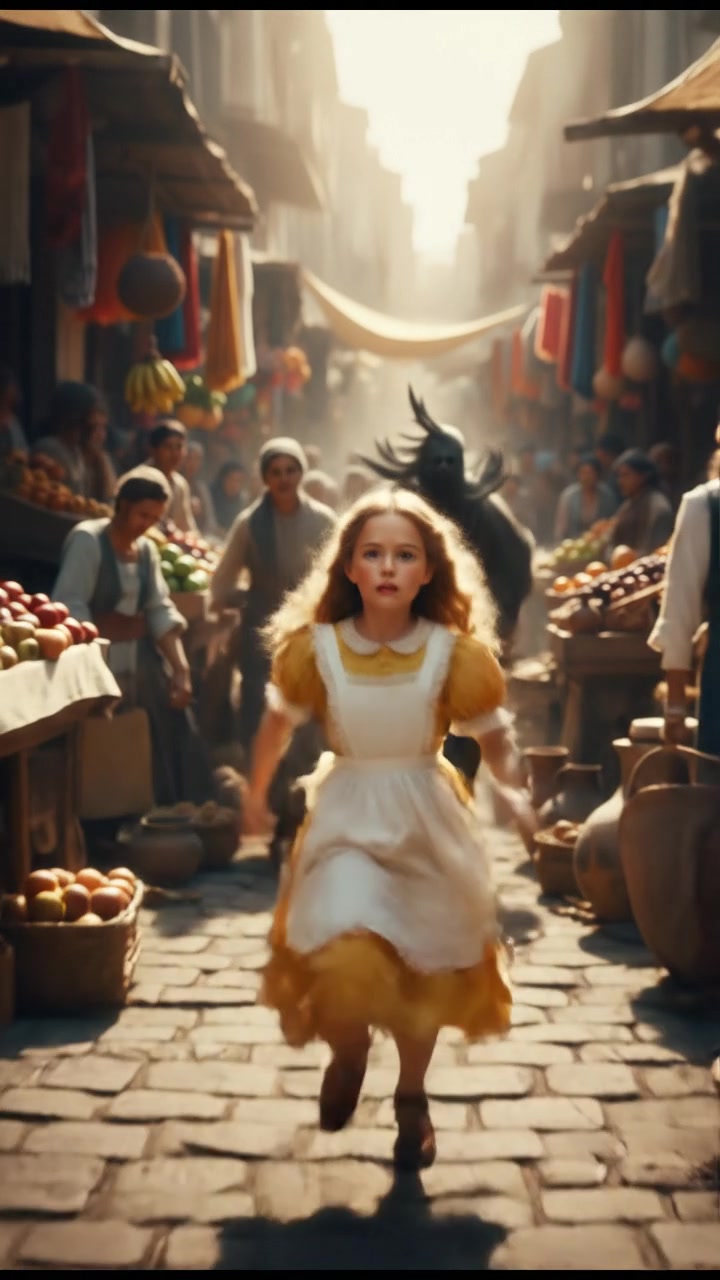 escaping through a crowded marketplace, intense pursuit scene with motion blur