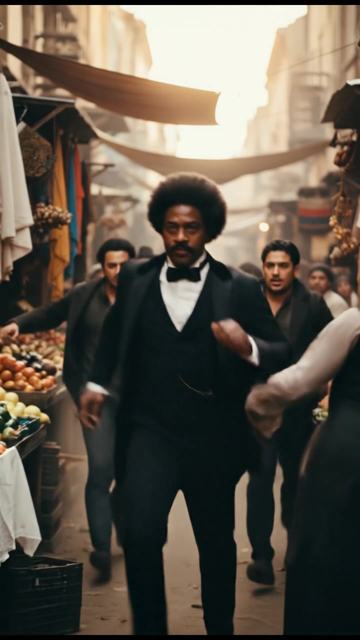 escaping through a crowded marketplace, intense pursuit scene with motion blur