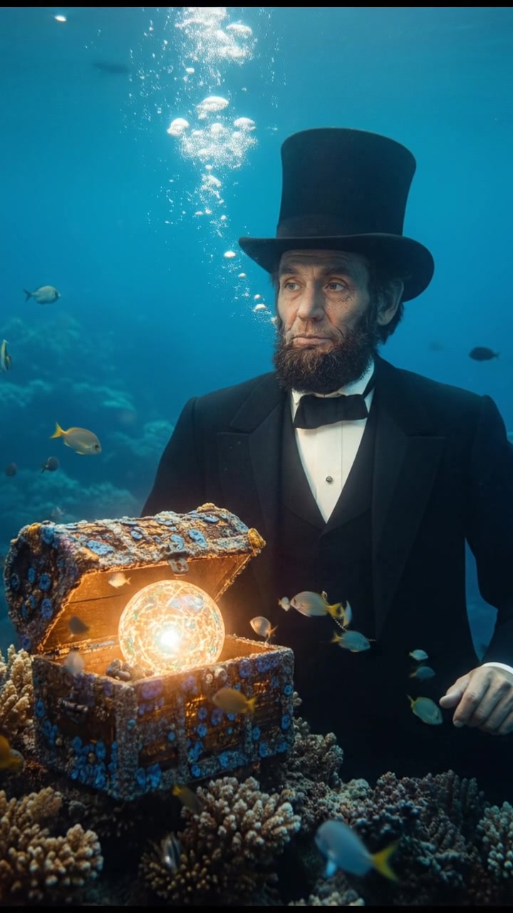 diving underwater with bubbles rising, holding breath, glowing treasure or object nearby