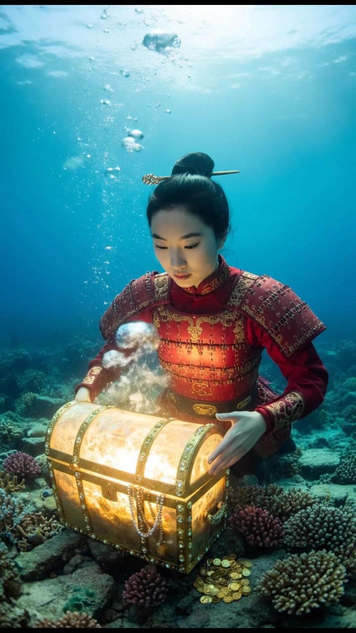 diving underwater with bubbles rising, holding breath, glowing treasure or object nearby