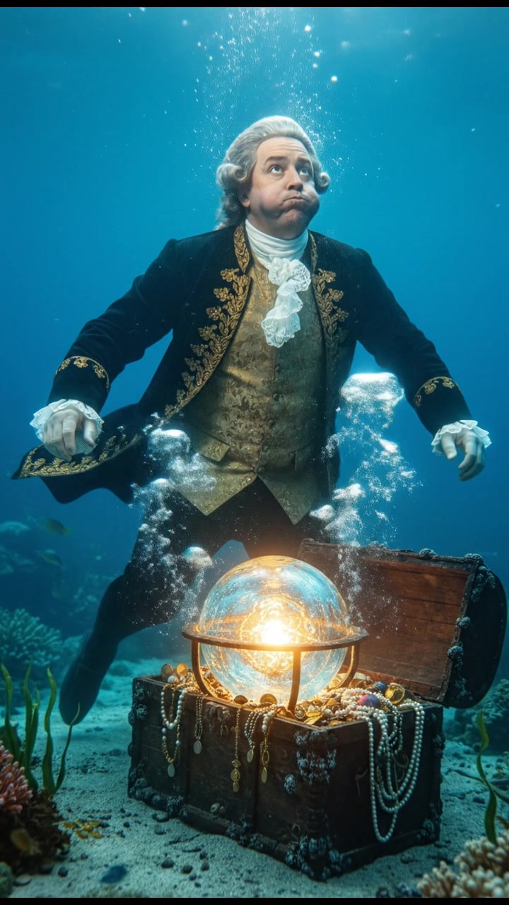 diving underwater with bubbles rising, holding breath, glowing treasure or object nearby