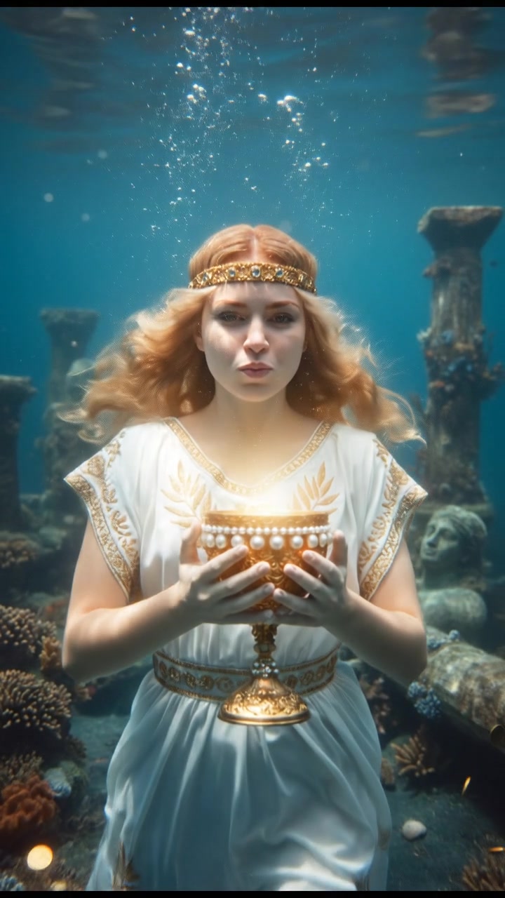 diving underwater with bubbles rising, holding breath, glowing treasure or object nearby