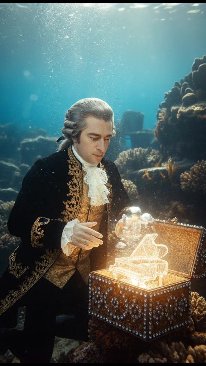 diving underwater with bubbles rising, holding breath, glowing treasure or object nearby