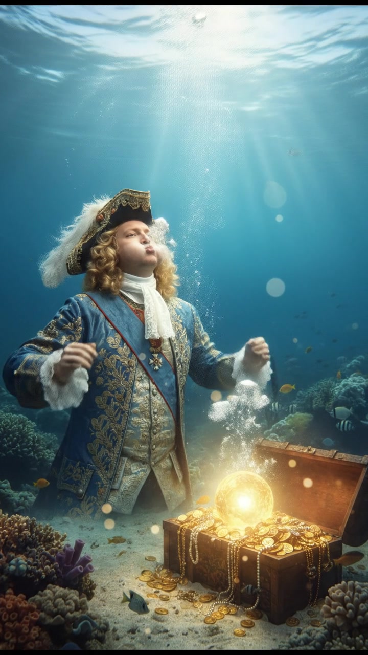 diving underwater with bubbles rising, holding breath, glowing treasure or object nearby