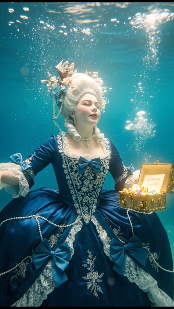 diving underwater with bubbles rising, holding breath, glowing treasure or object nearby