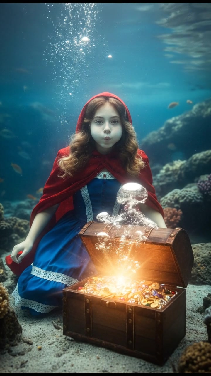 diving underwater with bubbles rising, holding breath, glowing treasure or object nearby